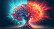 a rainbow colored brain and the brain tree, in the style of colorful explosions, dark cyan and light crimson, dark, foreboding colors,