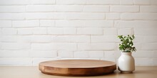 Empty Wooden Pedestal On Kitchen Table Before White Brick Wall : Generative AI