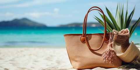 Wall Mural - Stylish beach bag with accessories and tropical beach in the background, summer vacations concept : Generative AI