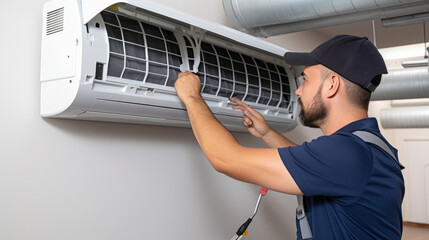 Wall Mural - Male technician repairs an air conditioner indoors.