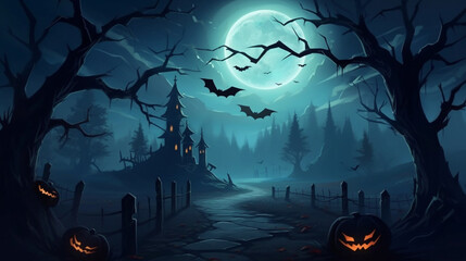 Graveyard cemetery to castle In Spooky scary dark Night full moon and bats on dead tree. Holiday event halloween banner background concept