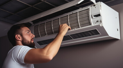 Canvas Print - Male technician repairs an air conditioner indoors.