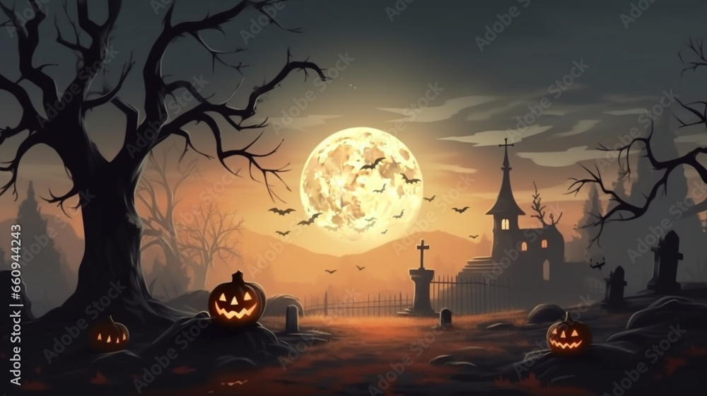 Ilustrace Pumpkin zombie Rising Out Of A Graveyard cemetery and church ...