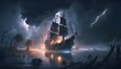 wreck of old pirate ship stranded in swamp and cumulonimbus cloud with lightning cinematic lighting night under the milky way unreal engine cinematic lighting night under the milky way unreal engine 