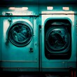 Lots of laundromat washers walltowall laundromat washers monochromatic black and teal unattended lighting fluorescent 