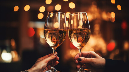 Two glasses of champagne toasting in the nigh with lights bokeh, glitter and sparks on the background