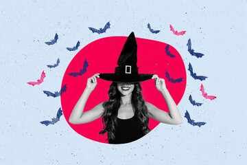 Poster - Creative collage image of black white effect mystic conjurer girl arms touch hat flying bats isolated on painted blue background