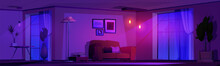 Dark Night Home Living Room Interior Cartoon Background. House Apartment Corner With Table, Couch And In Pink Lamp Bulb Glow. 2d Panoramic Modern Cozy Lounge Area With Moonlight Ray At Nighttime.
