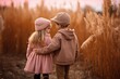 © QuietWord - two kids brother and sister in autumn grass field, Generative Ai