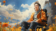 Young adult with cerebral palsy. Illustration of teenager man in a wheelchair on the meadow of poppies.
