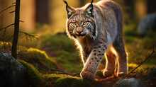 Lynx In Winter. Young Eurasian Lynx, Walks In Snowy Beech Forest. Beautiful Wild Cat In Nature