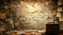 detective board or wall with clues and sticky papers , investigation detective agency concept background
