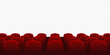 Cinema seats with empty screen. Rows of red cinema or theater seats. Empty movie theater auditorium with red seats