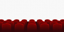 Cinema Seats With Empty Screen. Rows Of Red Cinema Or Theater Seats. Empty Movie Theater Auditorium With Red Seats
