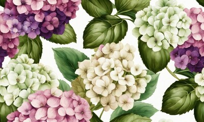 Wall Mural - Luxury wallpaper, floral background, seamless pattern. Delicate romantic flowers, hydrangea, pink, beige, purple, white gypsophila, green leaves. Watercolor 3d illustration, texture. Generative AI