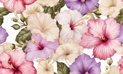 Wall Mural - Floral background, seamless pattern, luxury wallpaper. Tropical hibiscus flowers, pink, beige, purple, white gypsophila. Watercolor 3d illustration, glamorous texture, mural. Vintage, Generative AI