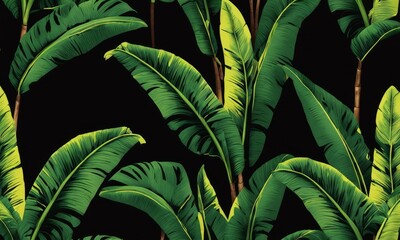 Wall Mural - Neon bright banana leaves, palms on dark background. Seamless pattern. Vintage tropical 3d illustration. Luxury modern wallpapers, fabric printing, cloth, tapestries, posters,invintations,GenerativeAI