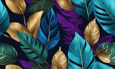 Wall Mural - Tropical colourful leaves in blue, green, gold, purple. Hand-painted 3d illustration. Floral seamless pattern, premium texture, abstract background. Luxury mural art, exotic wallpaper, Generative AI