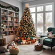 Christmas tree in living room with gifts and decorations, Generative AI