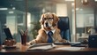 Family dog is working in office. Pet in corporate business environment. Dressed in suit and tie working with paperwork. Funny humor as animal sits behind boss desk. Pet friendly office.