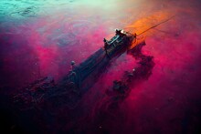 On A Black Background Bottom Of Water Inside A Pool Underwater Submerged Water Scenery Diving In The Water Rays Of Light Pink Red Dark Purple Magenta Neon Baroque White Ink Tarot Card Sbastien 