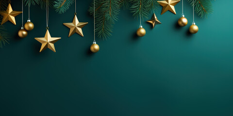 Wall Mural - Green christmas background with fir twigs and golden stars