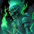 color coded pastel green flames flowing from mouth dynamic action shot close up spell casting highly detailed illustration egyptian aztec skeleton necromancer 90s graphic novel action horror 