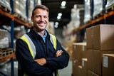 Fototapeta  - Portrait of smiling male industrial worker in warehouse storage center generative ai