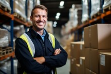 Portrait Of Smiling Male Industrial Worker In Warehouse Storage Center Generative Ai
