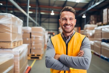 Portrait of smiling male industrial worker in warehouse storage center generative ai