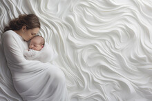Beautiful Young Mother With Her Newborn Baby Sleeping On A White Blanket.