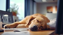 Dog Sleeping In Business Office Like Tired Office Worker. Pet Comfortably Asleep On A Table, Humorously Reflecting The Exhaustion And Boredom Often Experienced By Employees In A Corporate Environment