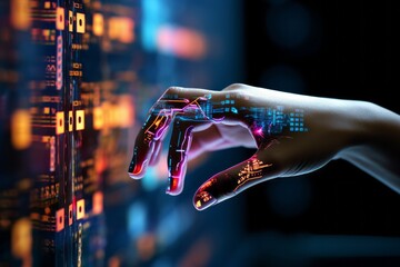 Wall Mural - human hand touches the information digital environment, metaverse, digitalization. a person’s hand r