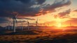 Wind turbines at beautiful orange sunset landscape