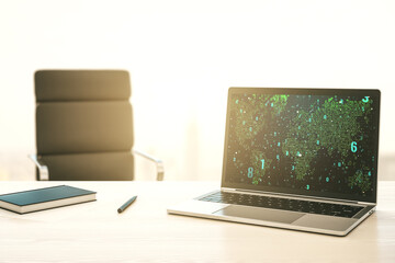 Wall Mural - modern computer display with abstract software development hologram and world map, global research a