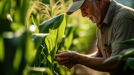 Canvas Print - Farmer checks corn sprouts.