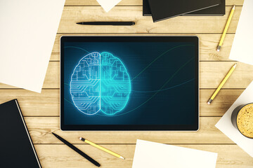 Wall Mural - creative artificial intelligence concept with human brain sketch on modern digital tablet display. t