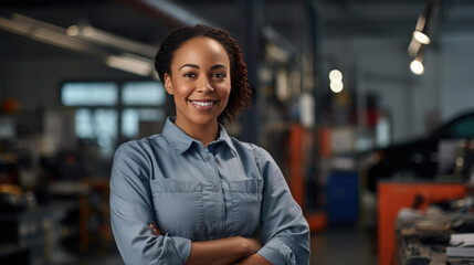Wall Mural - Portrait of a female mechanic in a car service against the backdrop of cars.