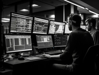 Intense Collaborative Effort: Two Software Engineers Debugging Complex Code on their Workstations, Profoundly Focused in a Dynamic Workspace