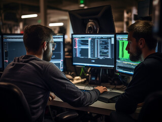 Intense Collaborative Effort: Two Software Engineers Debugging Complex Code on their Workstations, Profoundly Focused in a Dynamic Workspace