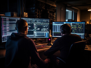 Intense Collaborative Effort: Two Software Engineers Debugging Complex Code on their Workstations, Profoundly Focused in a Dynamic Workspace