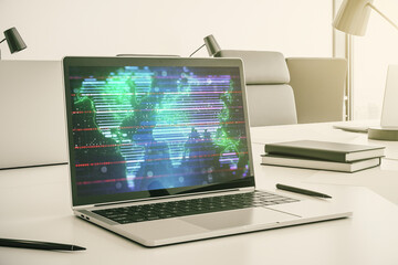 Wall Mural - Modern computer screen with abstract creative digital world map, research and analytics concept. 3D Rendering