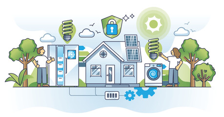 Sticker - Home energy conservation and cost efficient appliances usage outline concept. Save electricity with new and modern kitchen gadgets vector illustration. House insulation and smart resources usage.