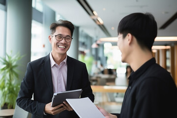 asian man having a business meeting and smiling