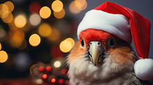A Colourful Love Bird Wearing Santa's Red Hat 