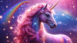 A rainbow-sparkled fantasy unicorn, pastel glitter, a pink fantasy galaxy, a magical mermaid sky with bokeh, stars, and sparkles.