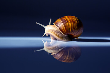 Wall Mural - Snail on a mirror background. Animal world in nature.