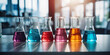 Chemical glasses with colorful water, Chemical Reagents, The erlenmeyer or conical flask on bench laboratory, with colorful, GENERATIVE AI
