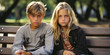 Touching scene of an annoyed blonde girl sitting on park bench while her sulky pre-teen brother stands nearby.