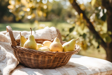 Sticker - Yellow-green pear in a basket on wooden table